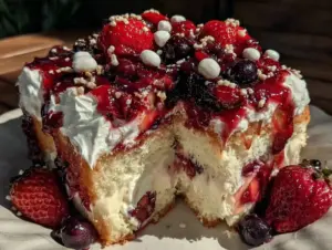 patriotic red white and blue poke cake - featured image