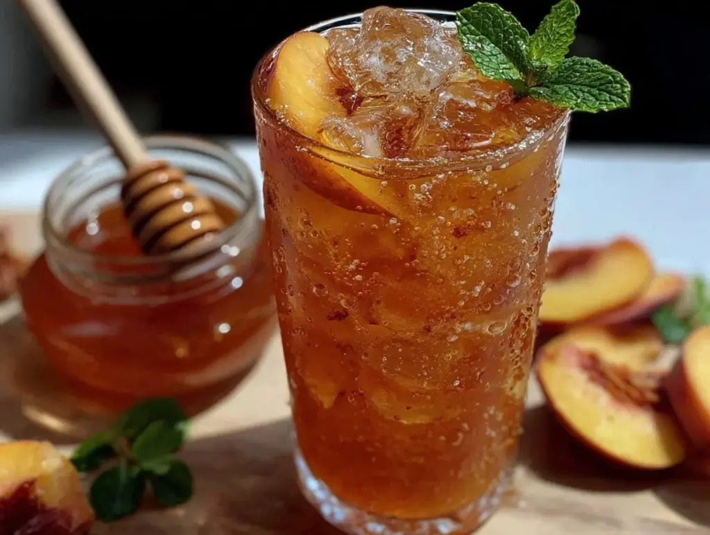 peach iced tea with homemade honey simple syrup - featured image