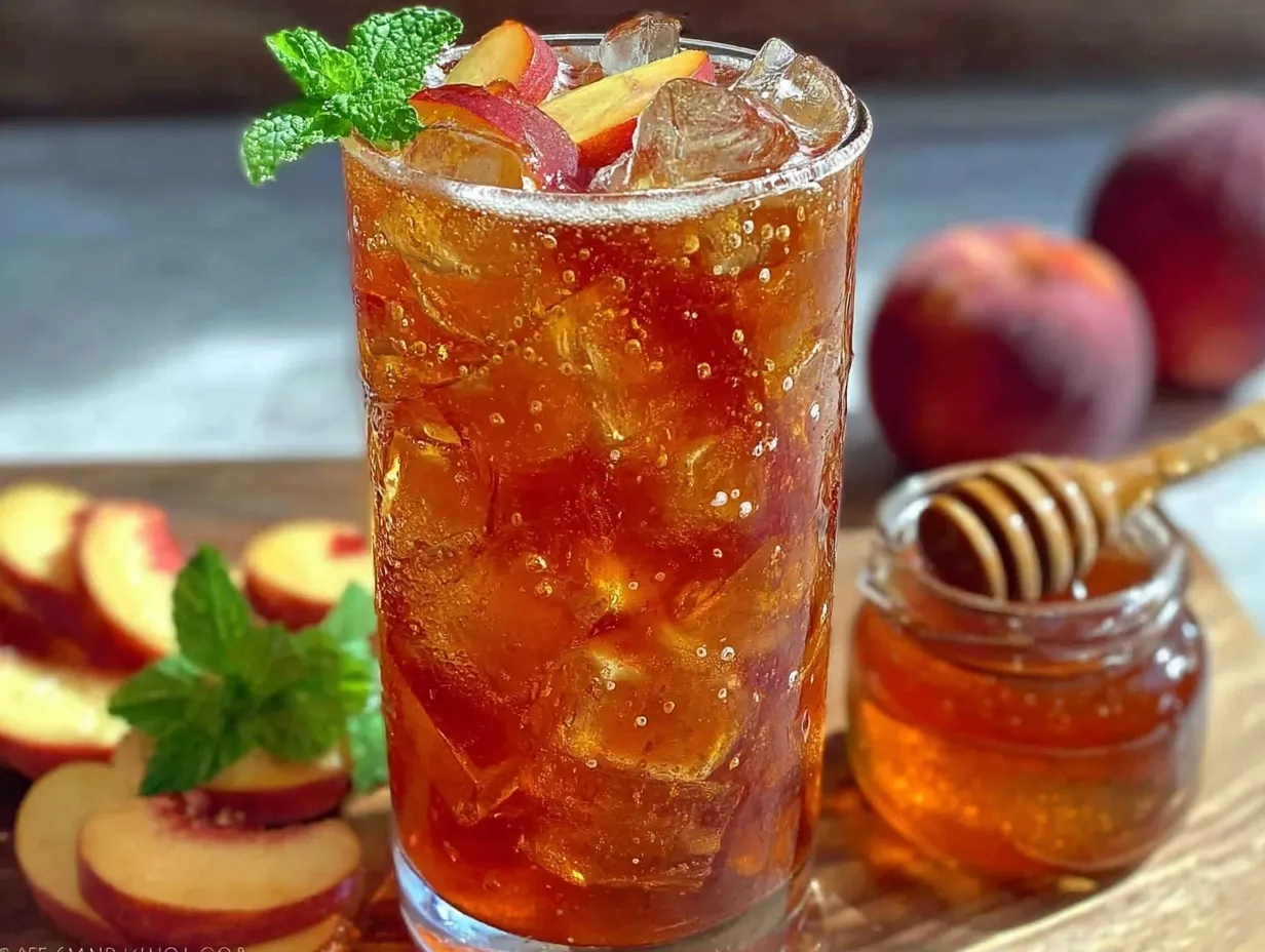 peach iced tea with homemade honey simple syrup preparation steps