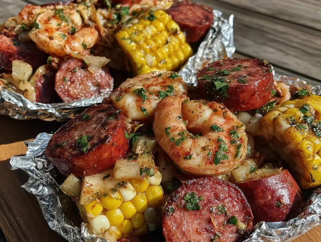 smoked sausage and shrimp boil foil packets - featured image