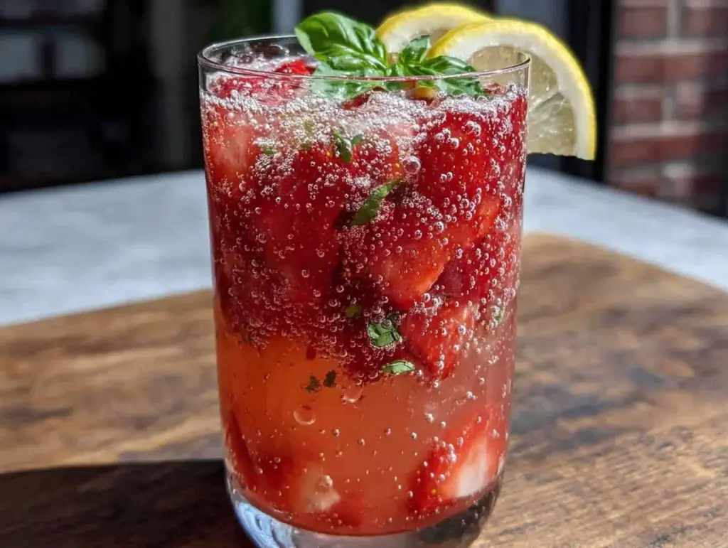 strawberry basil sparkling lemonade mocktail - featured image