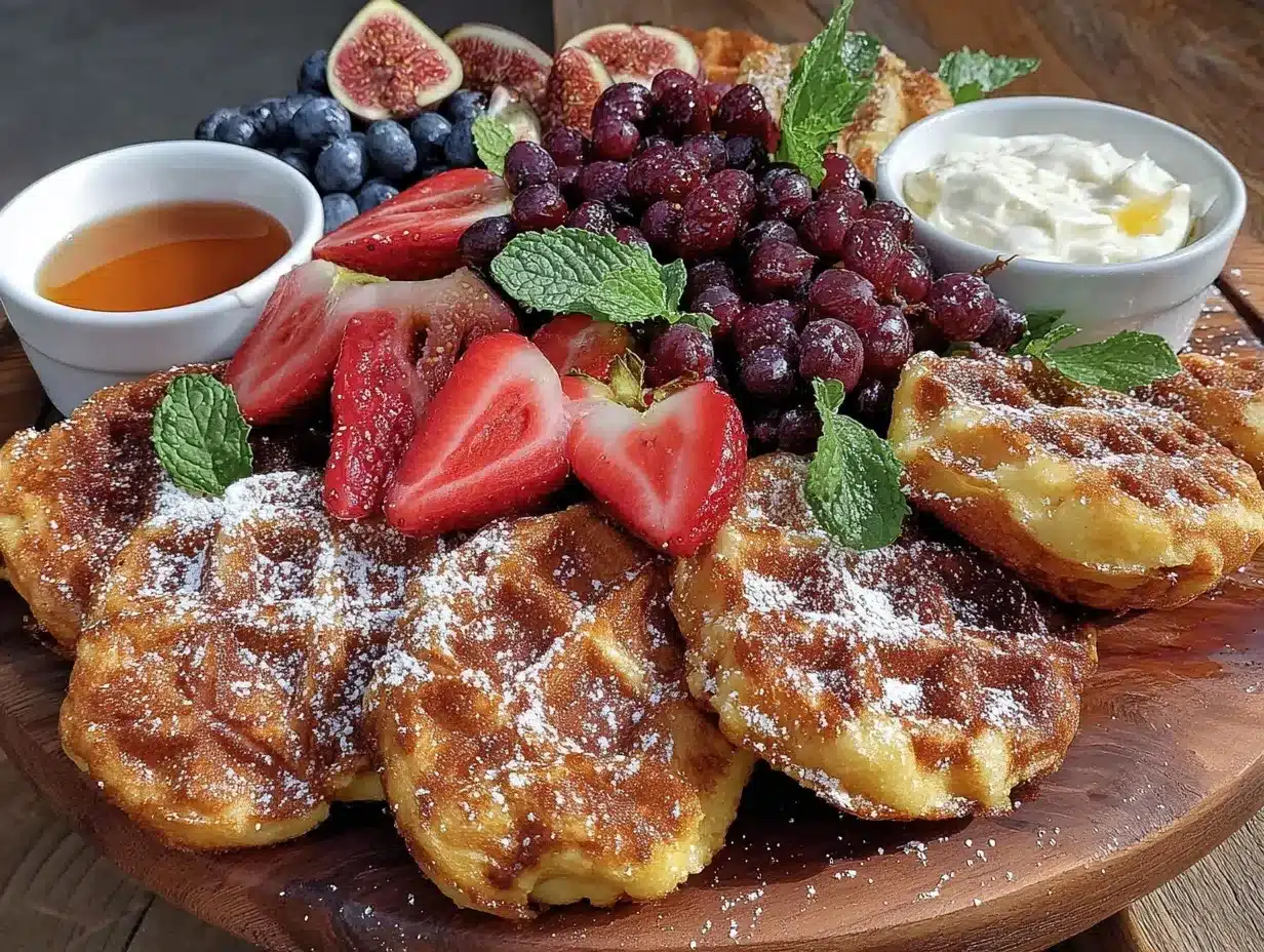 brunch grazing board with mini waffles and fresh fruit preparation steps