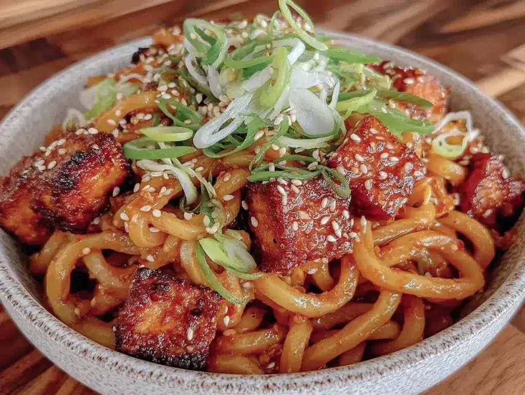 crispy sesame garlic udon noodle bowl - featured image