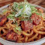 crispy sesame garlic udon noodle bowl - featured image
