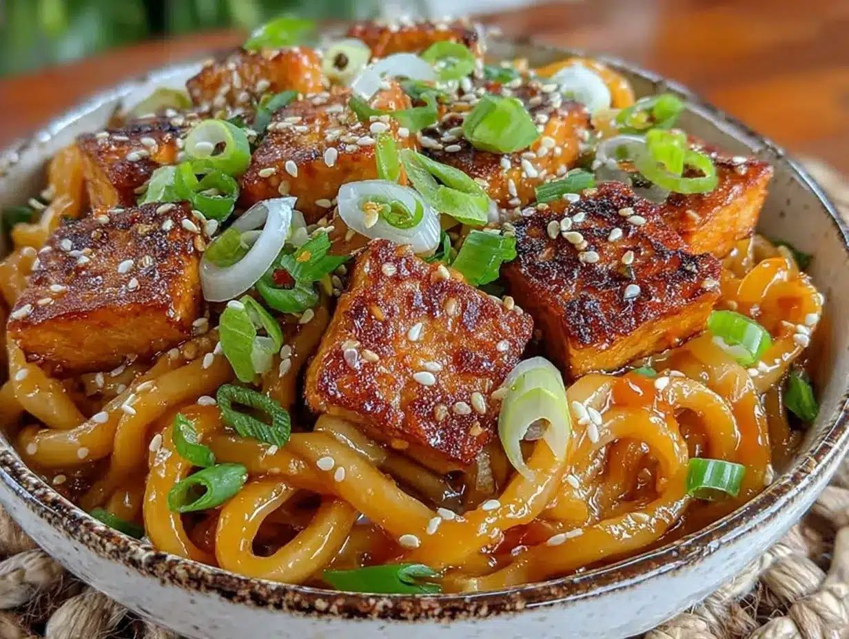 crispy sesame garlic udon noodle bowl preparation steps