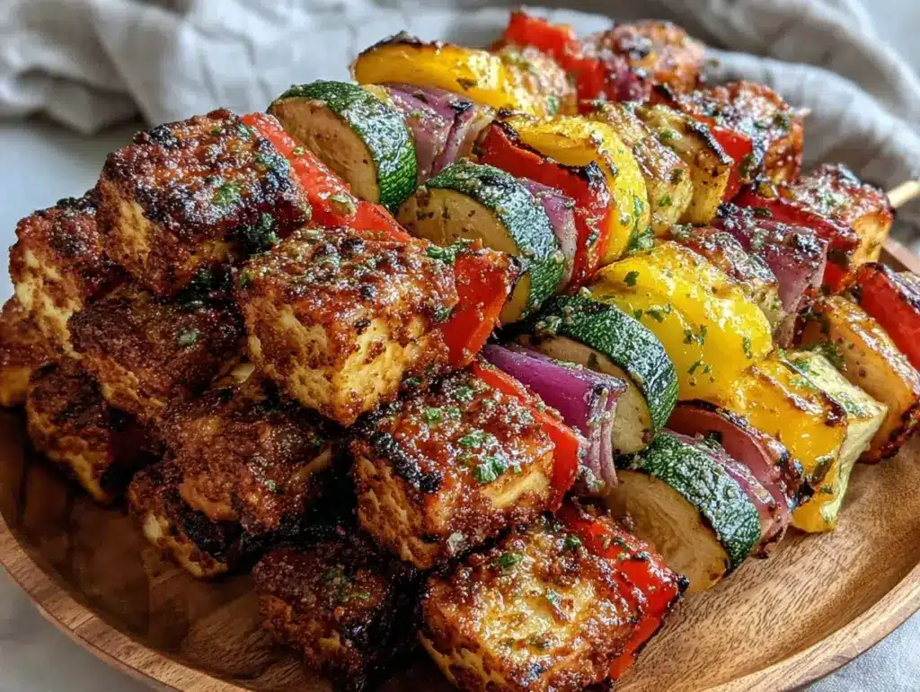 fresh grilled vegetable and halloumi kabobs - featured image