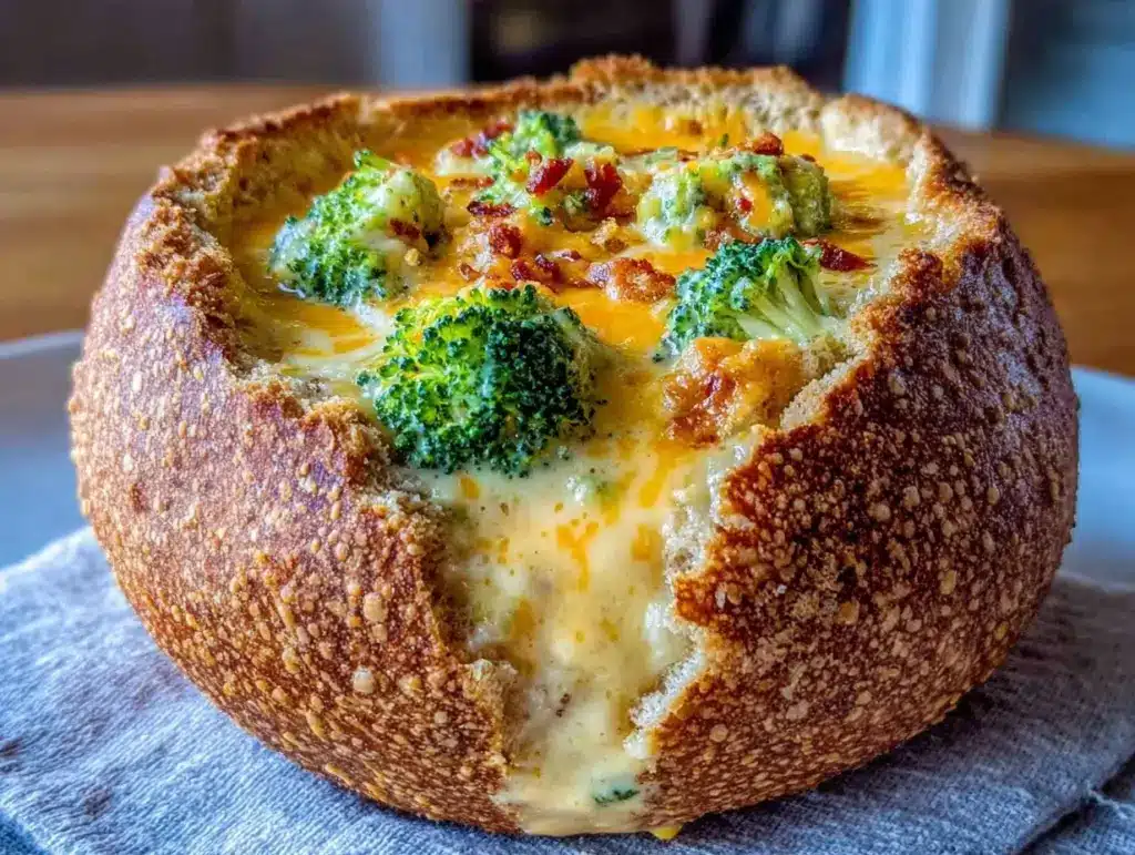 broccoli cheddar soup in bread bowl - featured image