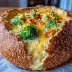 broccoli cheddar soup in bread bowl - featured image