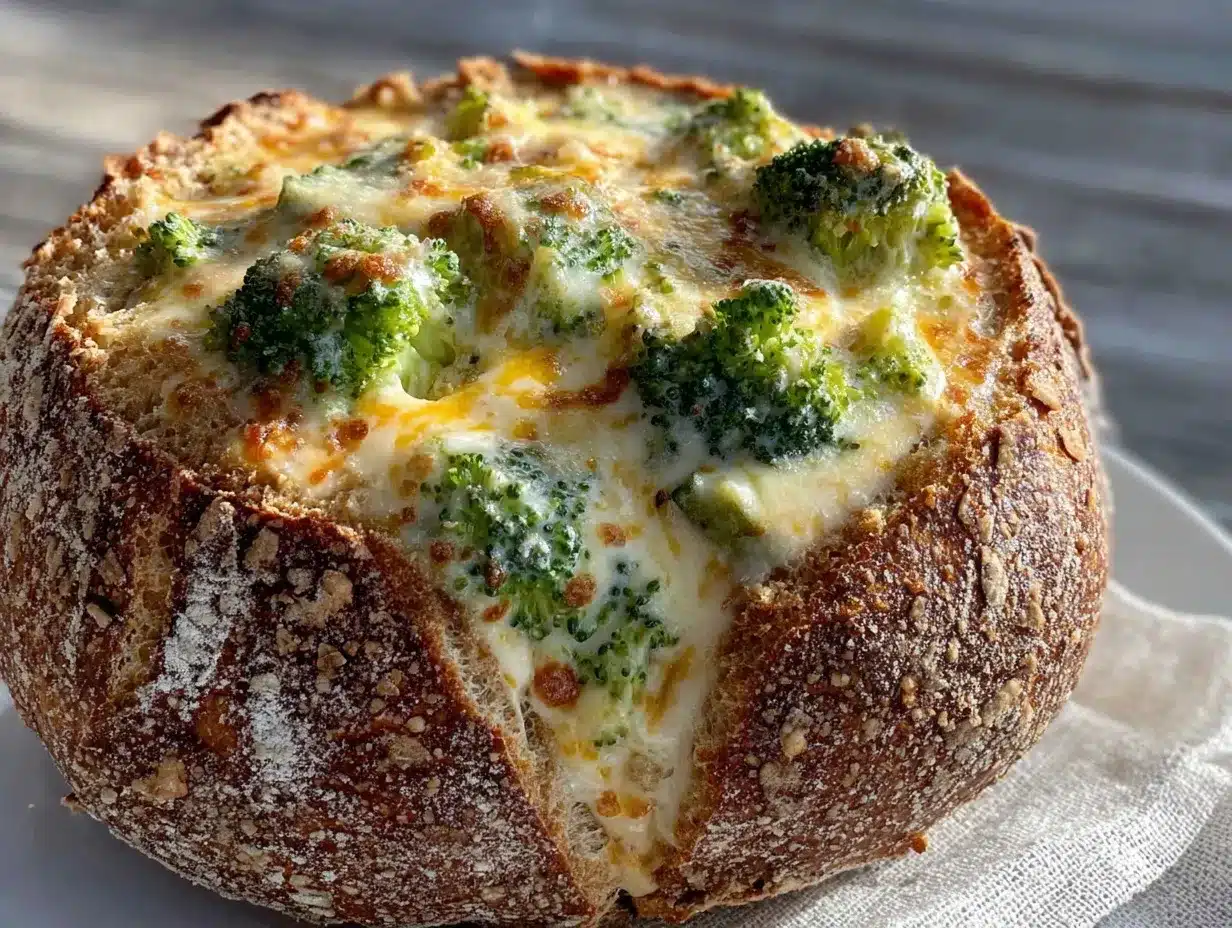 broccoli cheddar soup in bread bowl preparation steps