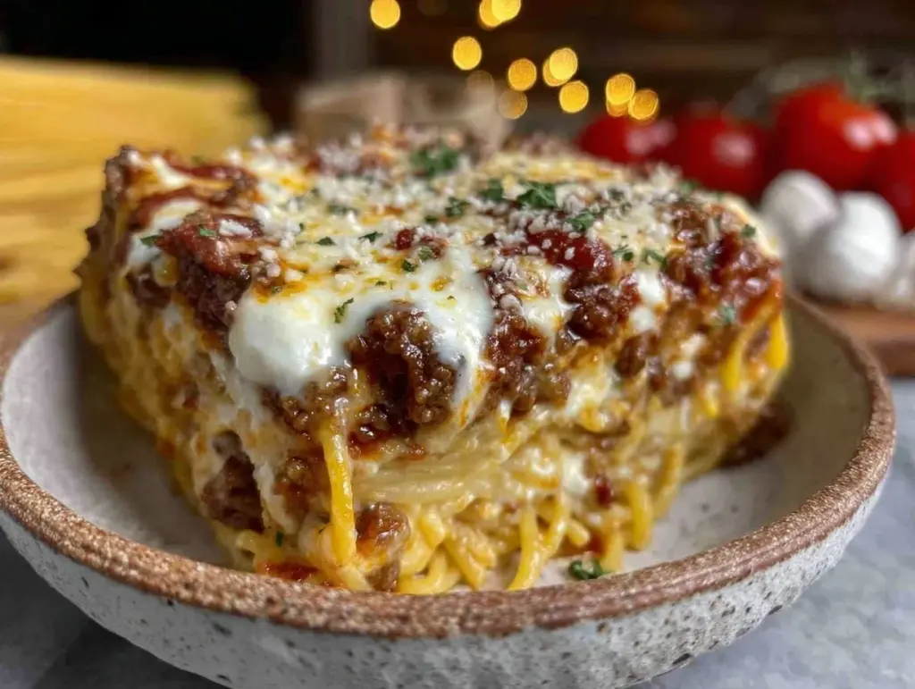 creamy baked million dollar spaghetti casserole - featured image