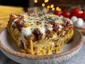 creamy baked million dollar spaghetti casserole - featured image