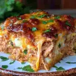 creamy chicken enchilada casserole - featured image