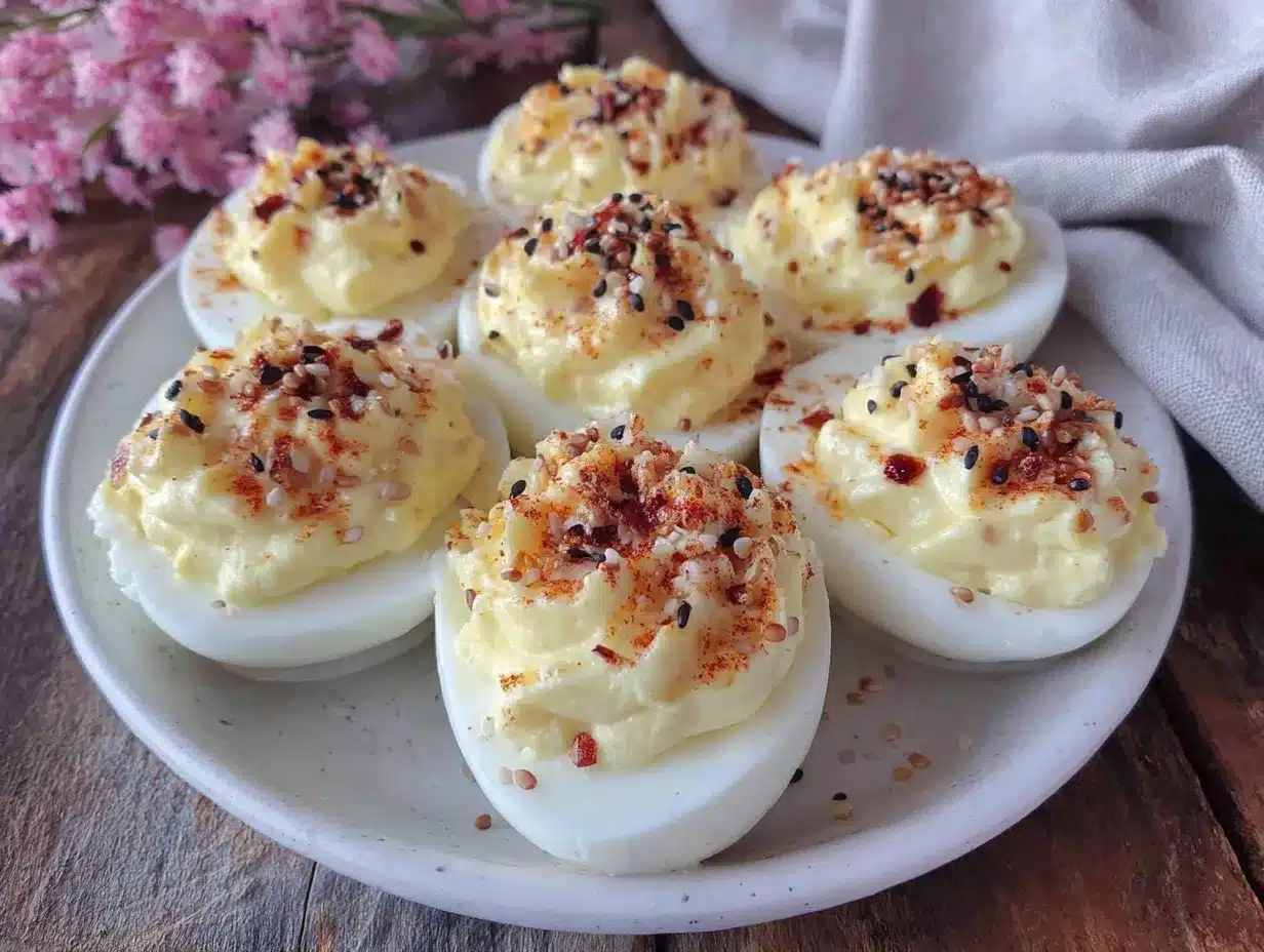 creamy deviled eggs with everything bagel seasoning preparation steps