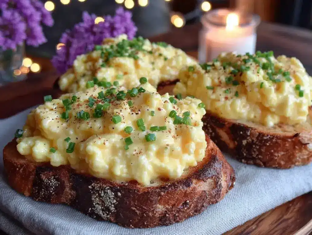 creamy soft scrambled eggs on toast - featured image