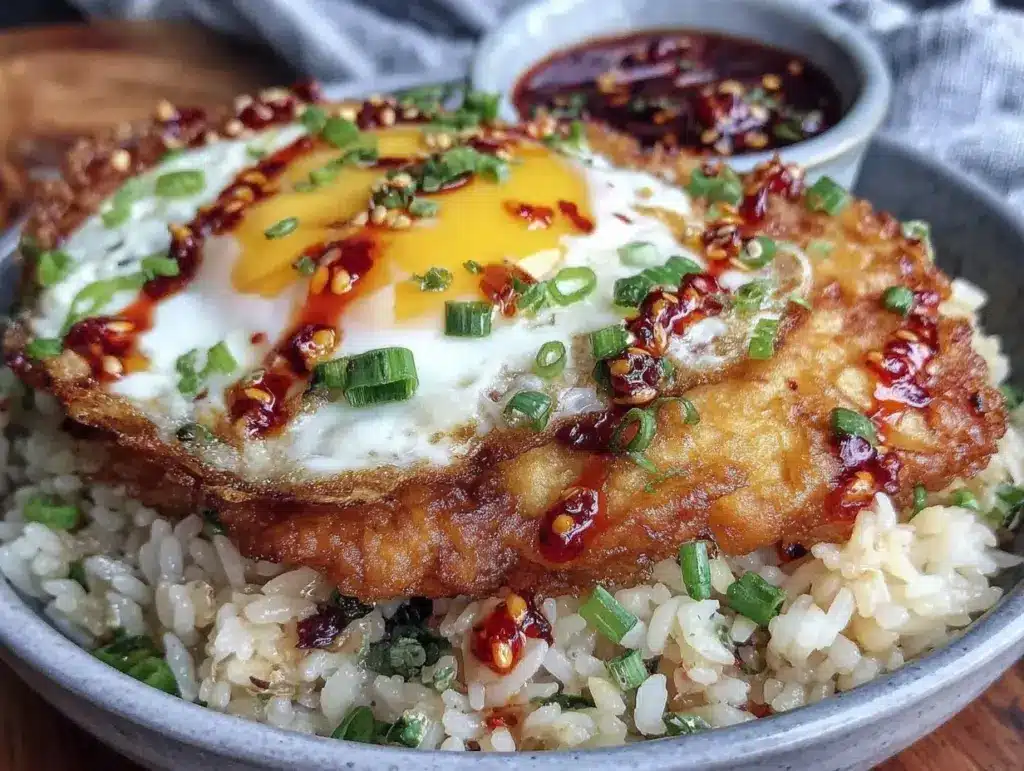 crispy fried egg over garlic rice - featured image