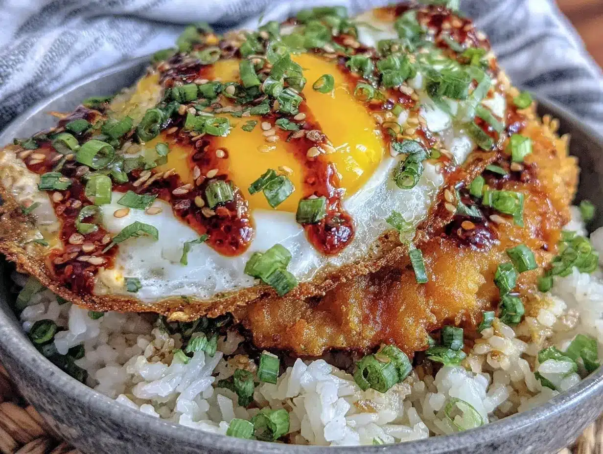 crispy fried egg over garlic rice preparation steps