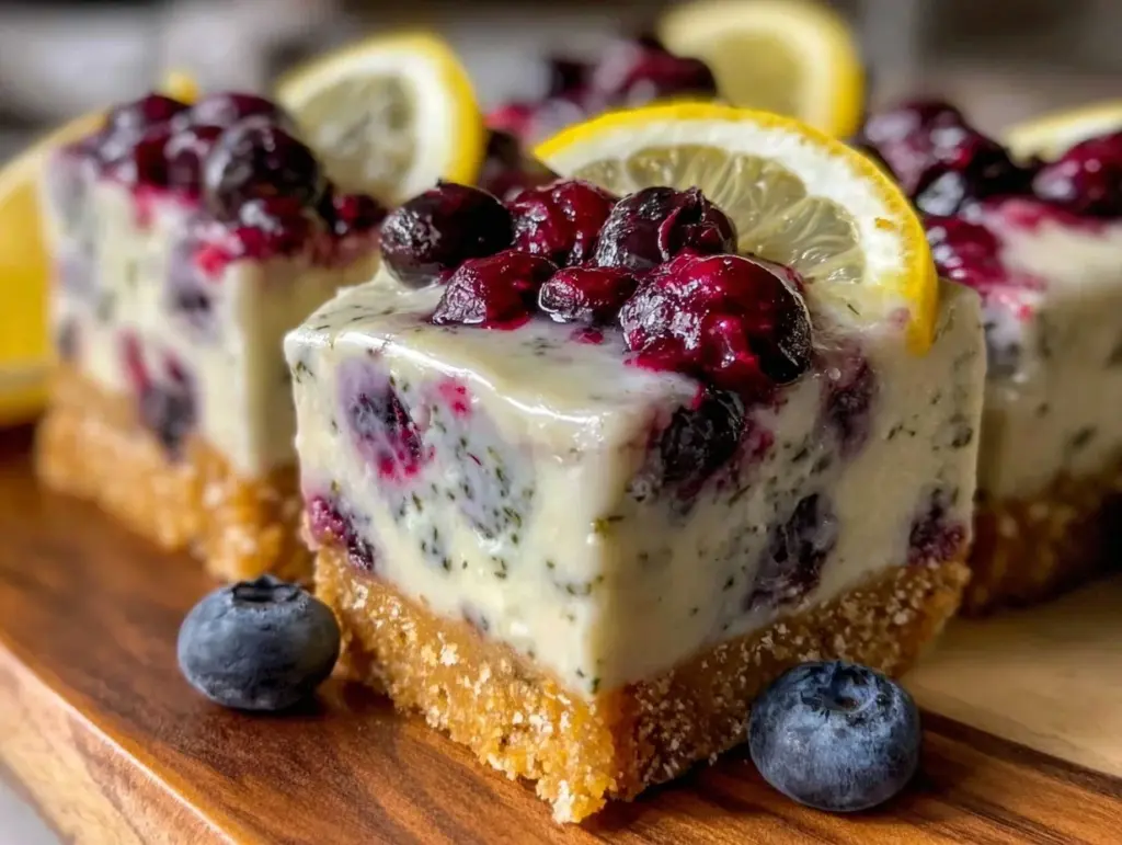 no bake lemon blueberry cheesecake bars - featured image