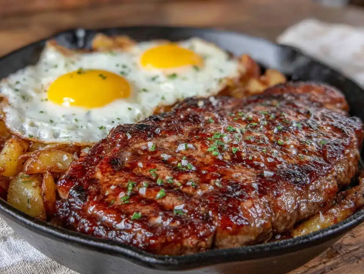 savory steak and eggs breakfast skillet preparation steps