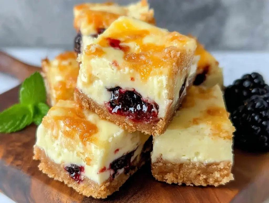 creamy black raspberry swirl cheesecake bars - featured image