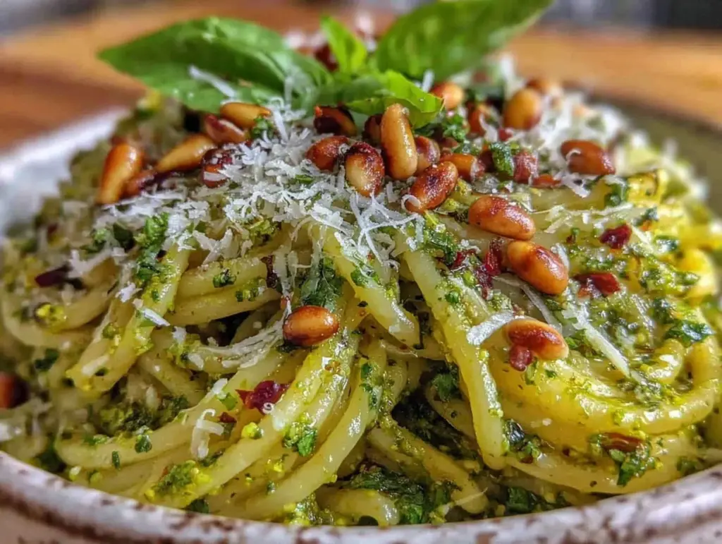 creamy garlic scape pesto pasta - featured image