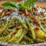 creamy garlic scape pesto pasta - featured image