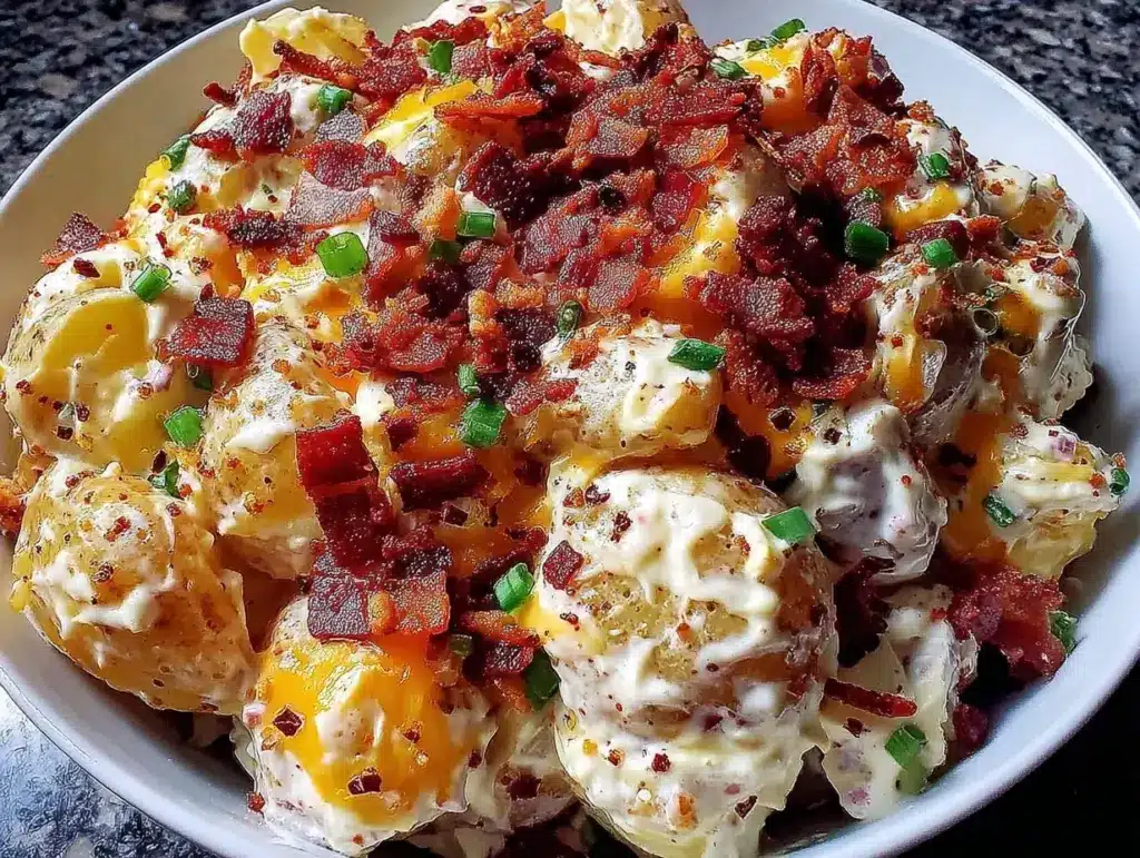 creamy loaded potato salad with bacon and ranch - featured image