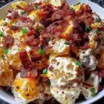 creamy loaded potato salad with bacon and ranch - featured image