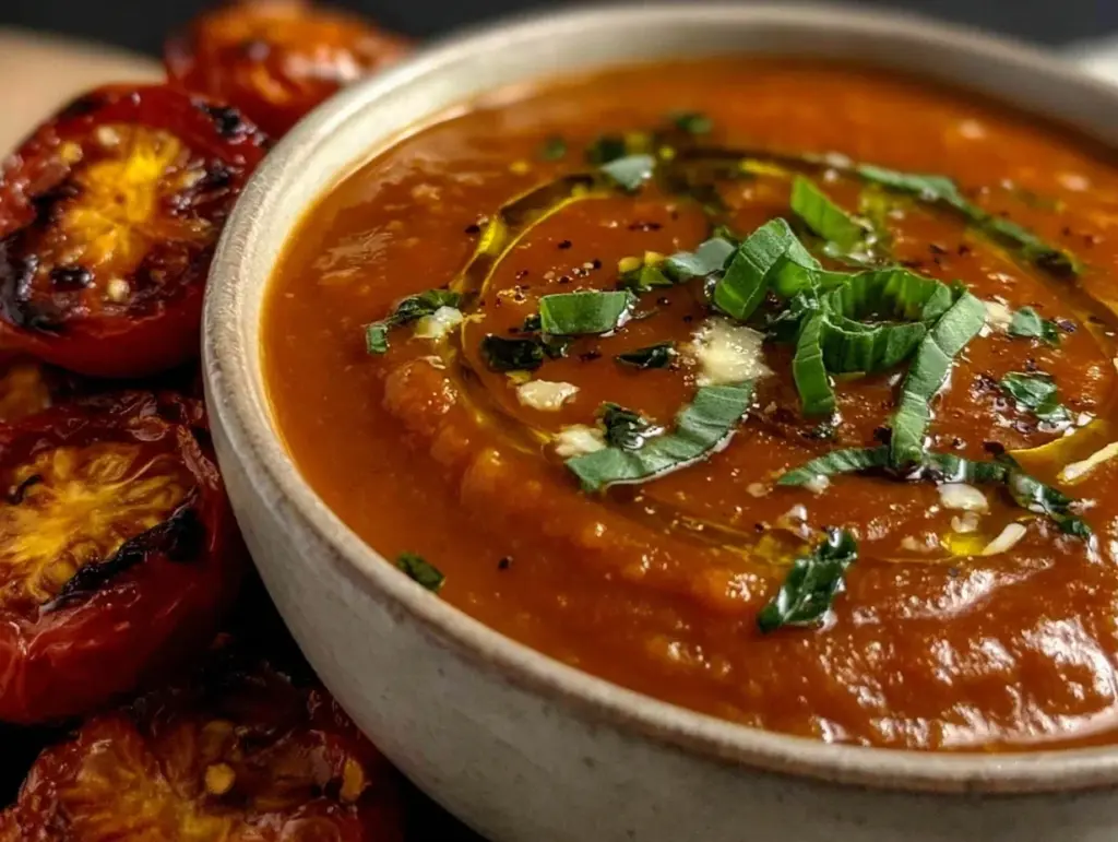 creamy roasted tomato basil soup - featured image