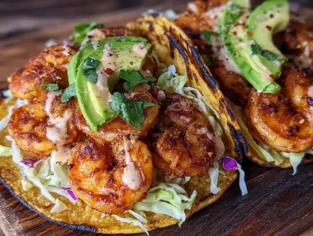 crispy air fryer bang bang shrimp tacos - featured image