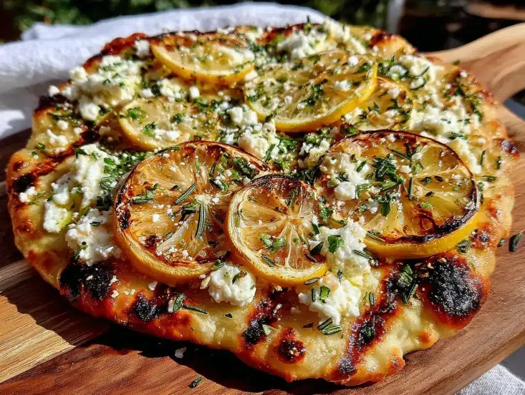 crispy charred lemon herb flatbread pizza - featured image