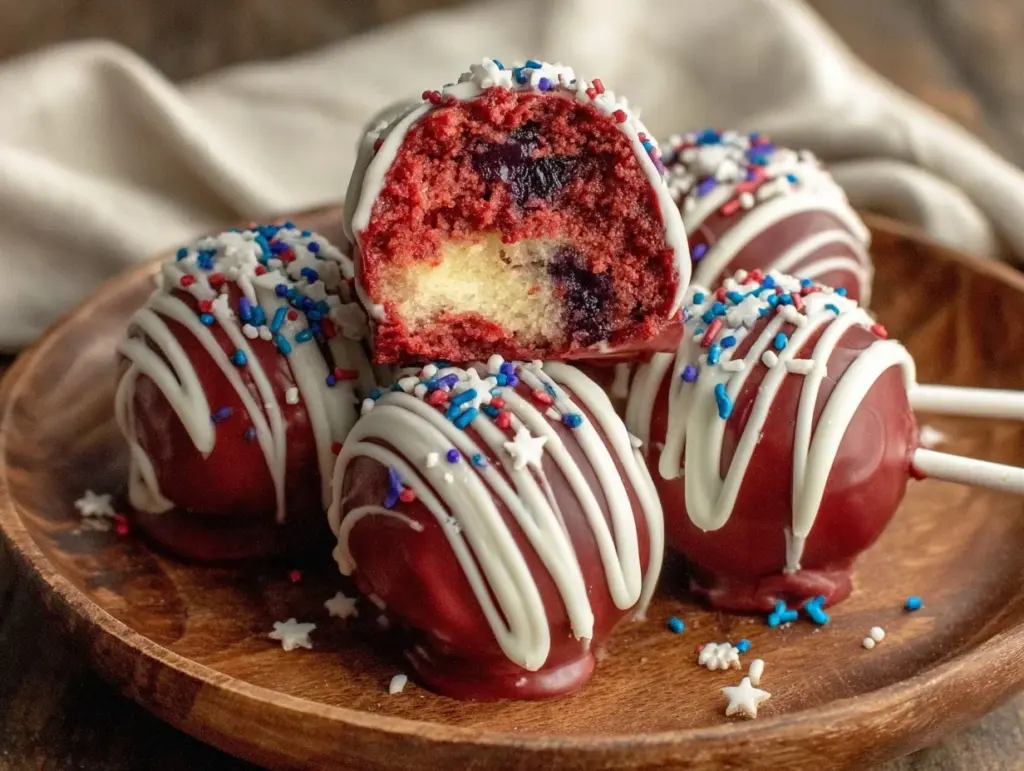 festive patriotic red white and blue cake pops - featured image