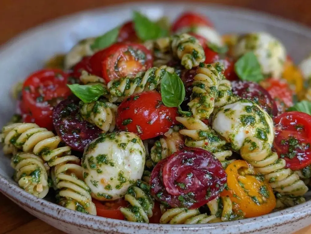 fresh caprese pesto pasta salad - featured image
