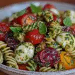 fresh caprese pesto pasta salad - featured image
