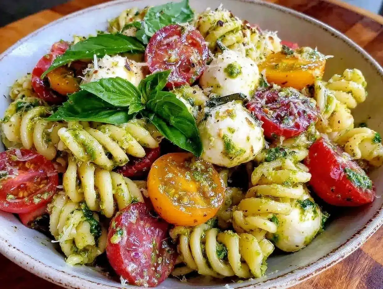 fresh caprese pesto pasta salad preparation steps
