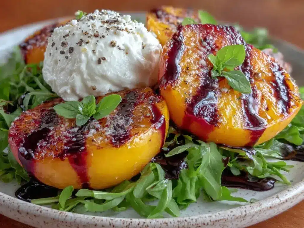 fresh grilled peach burrata salad - featured image