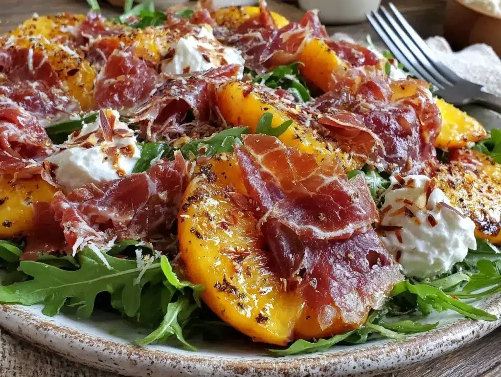 fresh peach prosciutto arugula salad - featured image