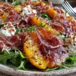 fresh peach prosciutto arugula salad - featured image