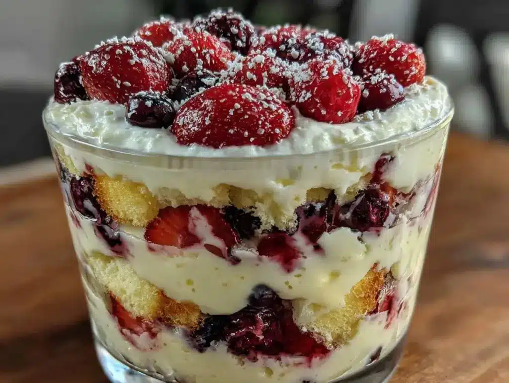fresh red white and blue berry trifle - featured image