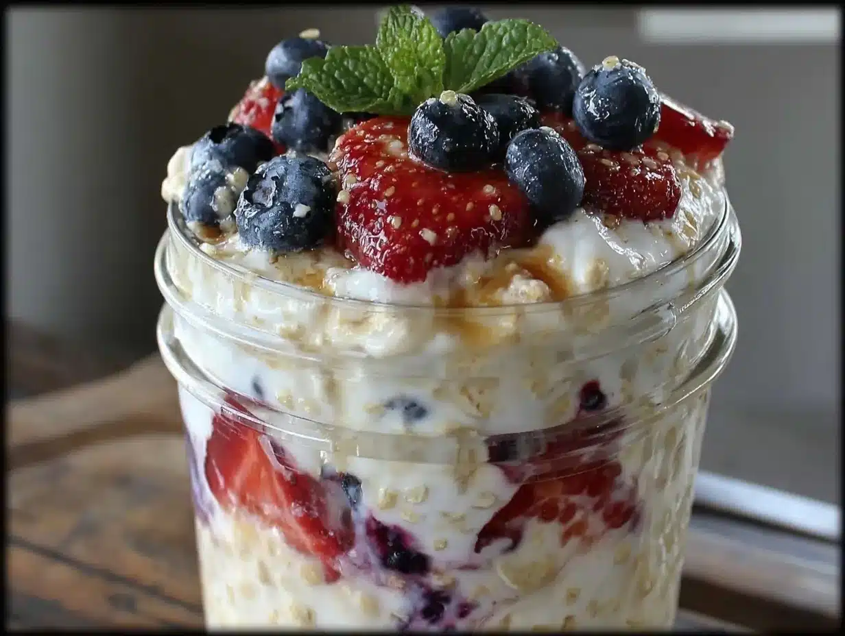 Fresh Red White and Blue Overnight Oats Parfait preparation steps
