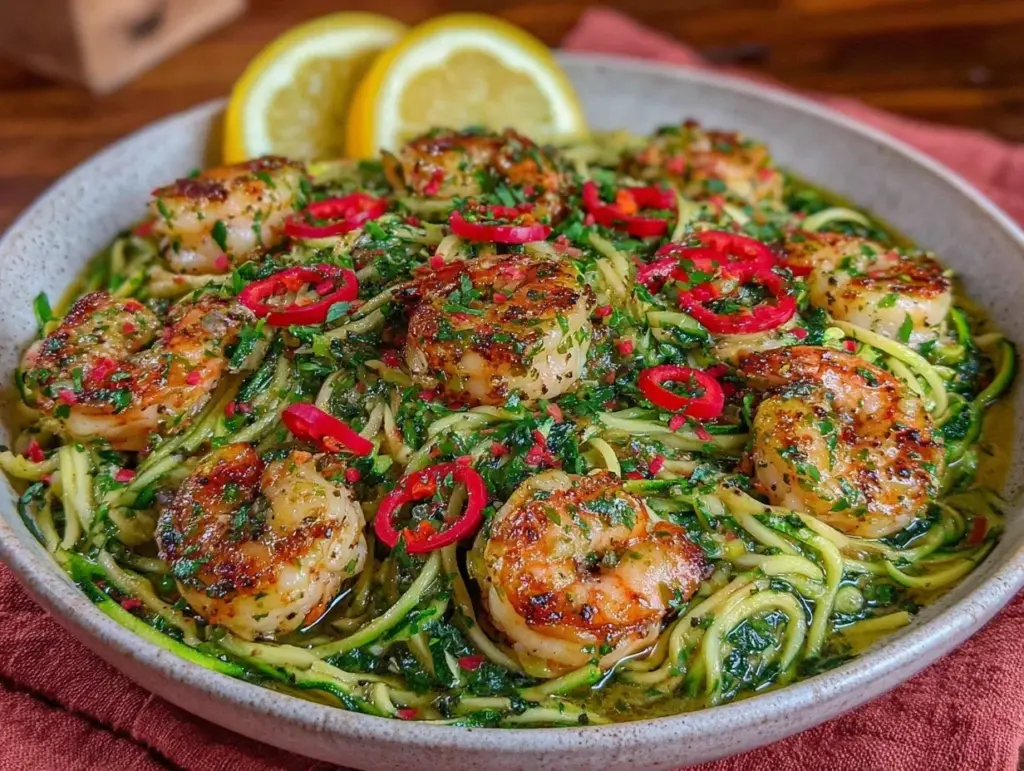 fresh zucchini noodle shrimp scampi - featured image