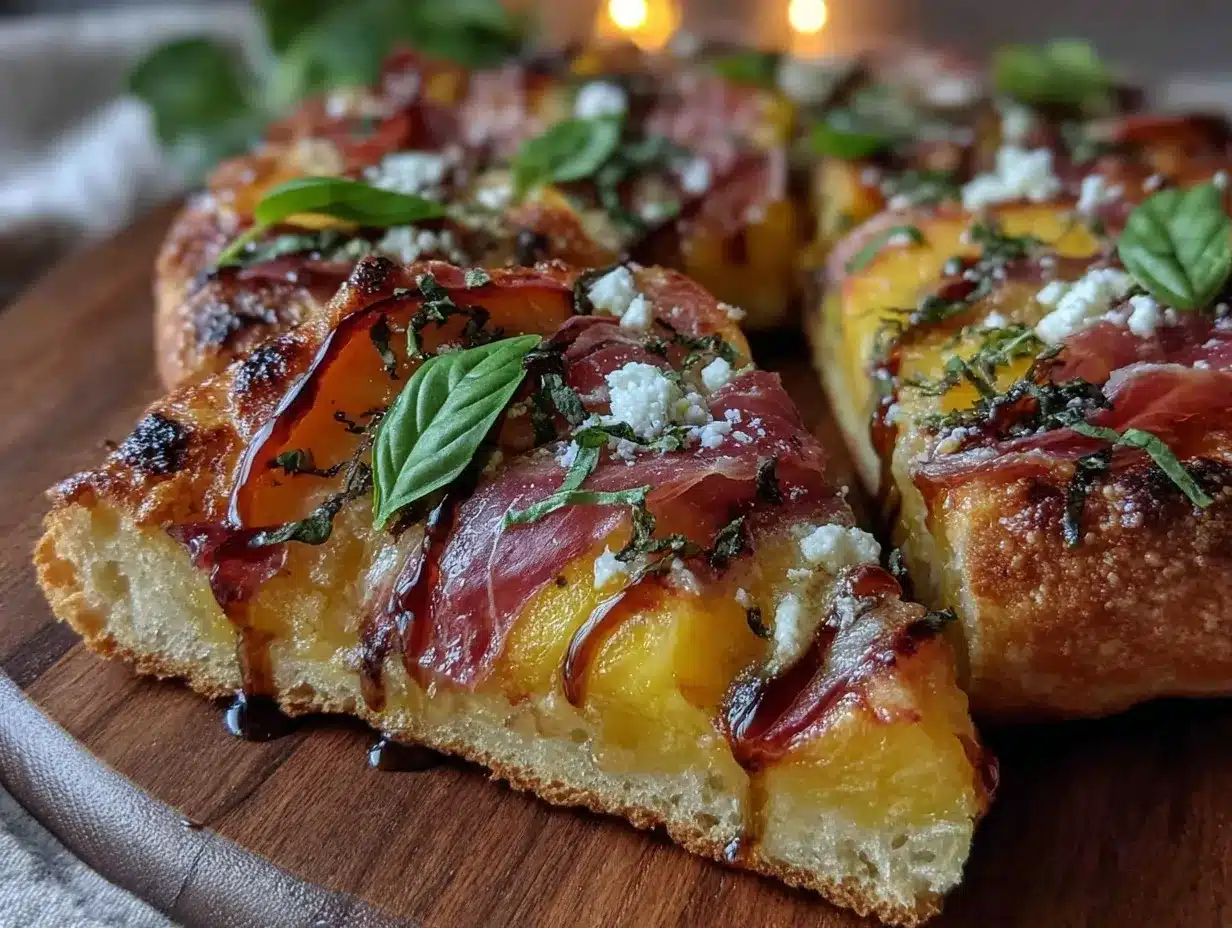 grilled peach and prosciutto flatbread pizza preparation steps