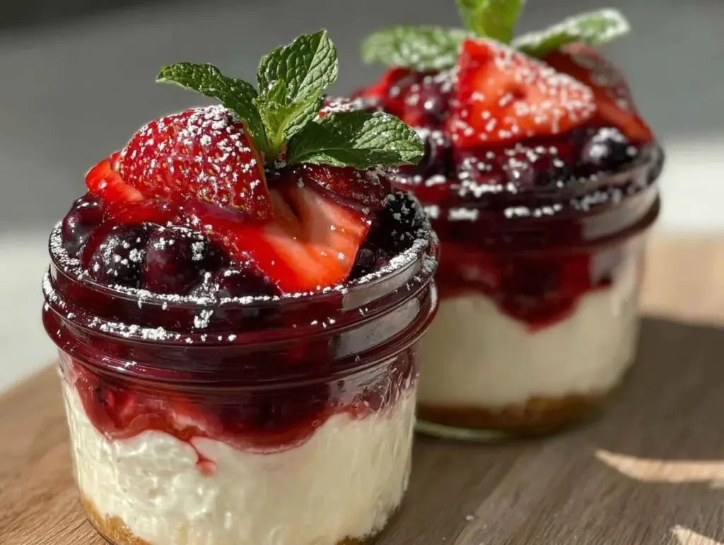 red white and blue layered cheesecake jars - featured image