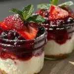 red white and blue layered cheesecake jars - featured image