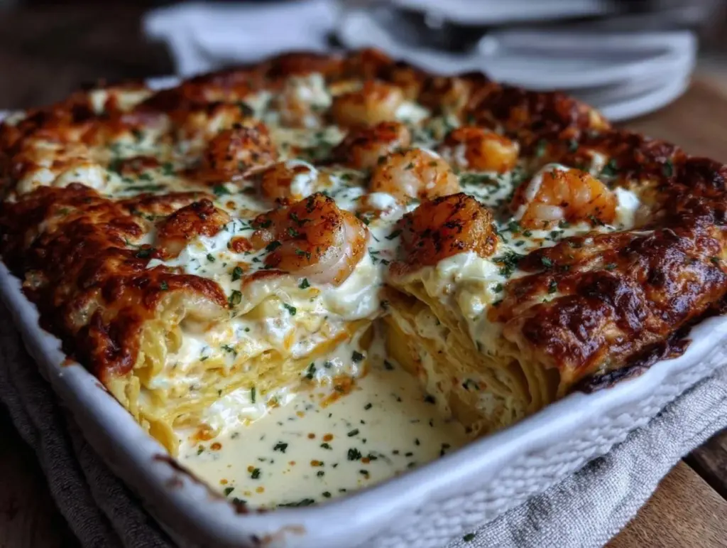 seafood lasagna with white wine cream sauce - featured image