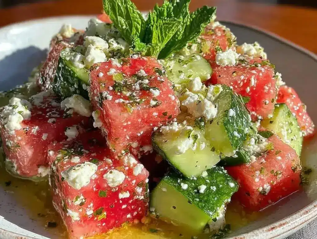 watermelon cucumber feta salad - featured image