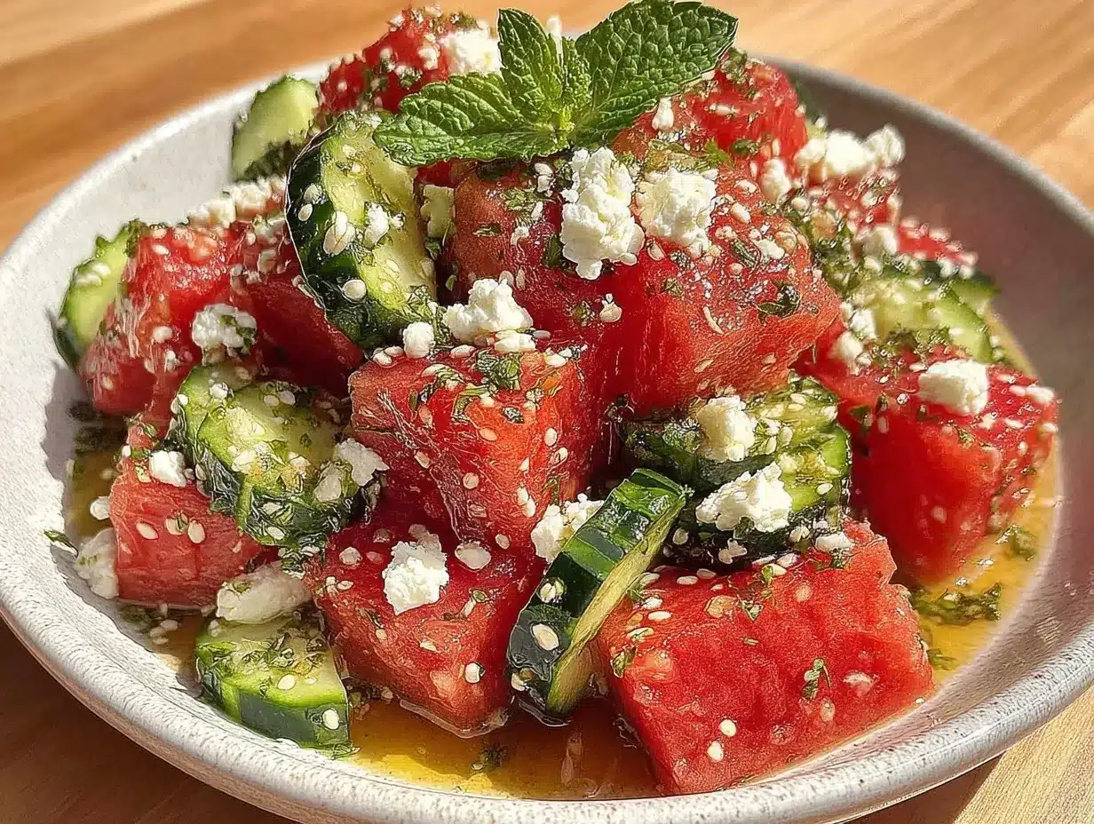 watermelon cucumber feta salad preparation steps