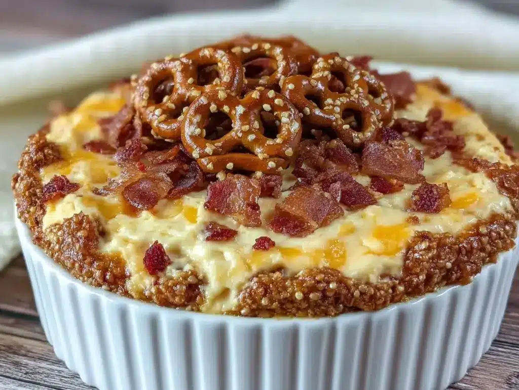brown butter pretzel-topped chili cheese dip - featured image