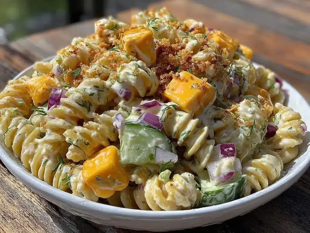 creamy cold dill pickle pasta salad - featured image