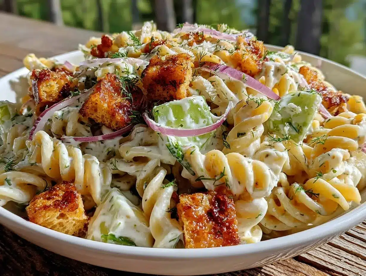 creamy cold dill pickle pasta salad preparation steps