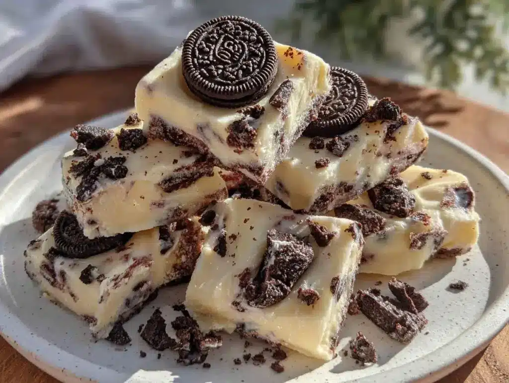 creamy cookies and cream frozen yogurt bark - featured image